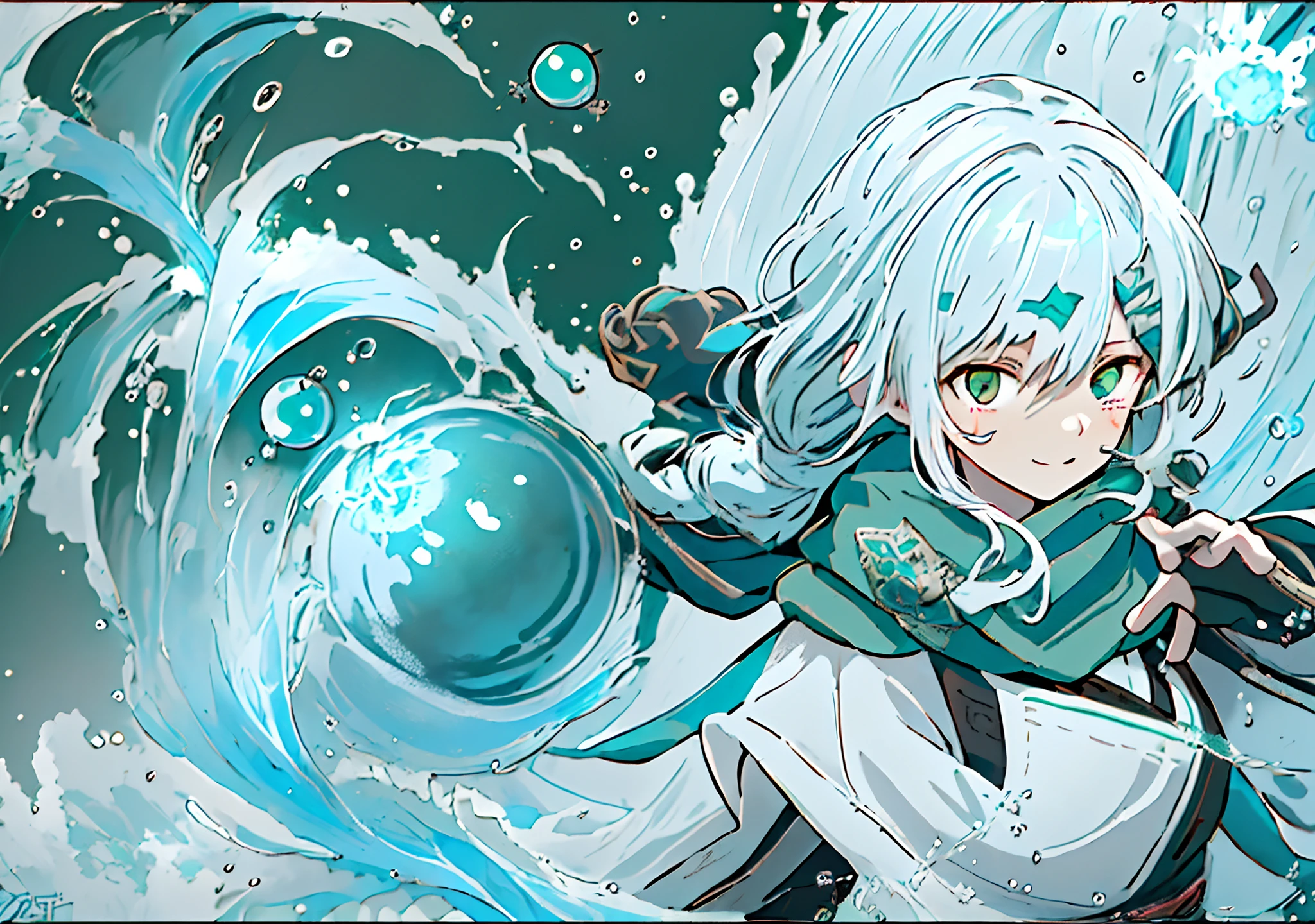 White-haired anime girl,(((Water balloon in one hand))) , a sorceress casting a ice ball, Splash art anime Loli, Anime girl walking on water, with ice powers, Epic anime style, High quality anime art style, ice spell, anime style character, made with anime painter studio, Anime moe art style, Kantai collection style, from girls frontline,(Yushui),(water),((Brown horn)),(((green scarf))),(((White hair))),Short hair,ahoge,((french braid)),((Green hairpins)),(((Golden eyes))),Smile,Girl avatar，k hd，4K，face expressionless，style of anime，sideface