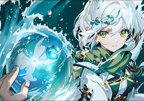 White-haired anime girl,(((Water balloon in one hand))) , a sorceress casting a ice ball, Splash art anime Loli, Anime girl walk...