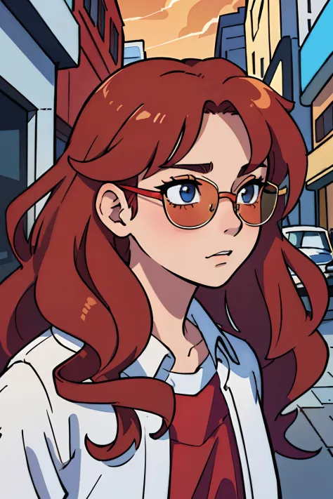 （best qualtiy：0.8），（best qualtiy：0.8），Perfect anime illustration，Extreme close-up portrait of a beautiful woman walking through the city，Wearing sunglasses，She has long red wavy curly hair，There is a nose ring on the nose