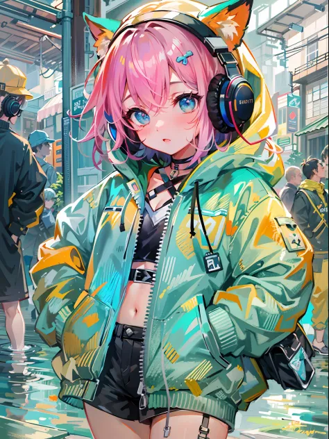 8K分辨率、((top-quality))、((​masterpiece))、((ultra-detailliert))、1 woman、独奏、incredibly absurdness、Oversized hoodies、headphones、Street、plein air、Sateen、neons、Shortcut Hair、Brightly colored eyes、Hands in pockets、shortpants、water dripping
