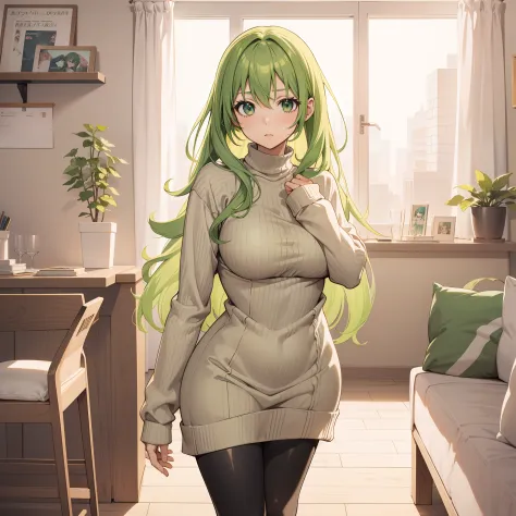 Anime girl, green hair, tight polyester sweater dress, leggings, sexy, skinny, large breasts