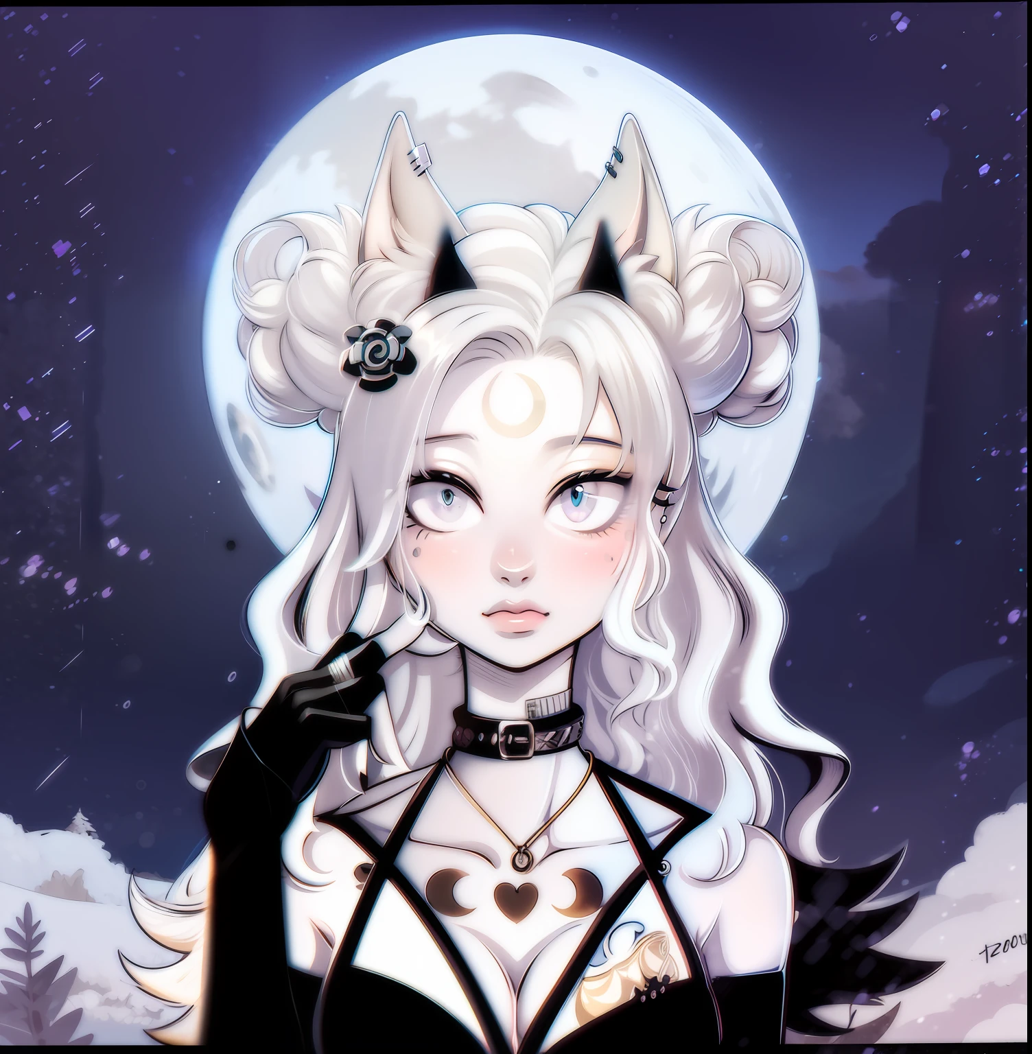 (Anthropomorphic wolf cub - cute) orelhas de lobo, Black jacket, um olho azul e um olho branco, heterocromia nos olhos, cabelo encaracolado platinado, com pontas roxas, Menina, Moon birthmark on forehead 🌕🌙, Hibrido, jovem, retrato, busto, Facing the camera, desenho de anime, vestido como uma obra-prima dos anos 80 dos anos 80, Pose confiante, youtuber, full lips, piercings no nariz e orelha de lobo, tatuagens no corpo, moon 🌙 tattoo above the breasts, Asas de anjo preto nas costas, and a dark purple necklace around her neck, hand with fishing net gloves, pequenos chifres pretos, colar com pingente de lua.