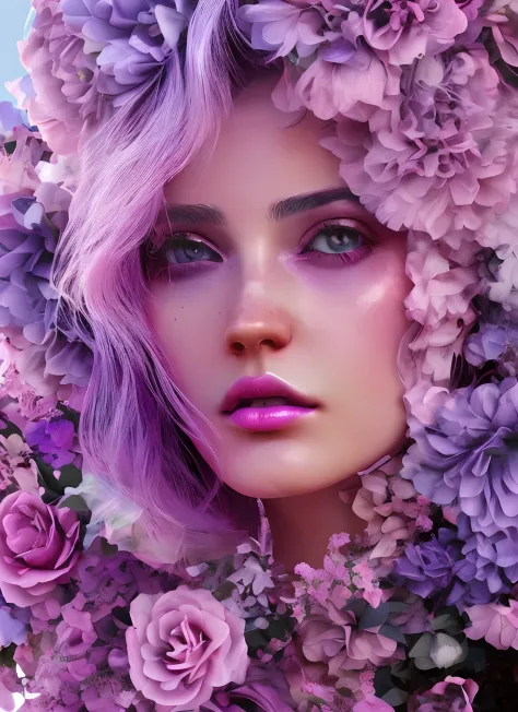 lr_rbn style, portrait of cute woman, wavy hair, pastel pink and purple hair, flowers, nature details, black background, purple ...