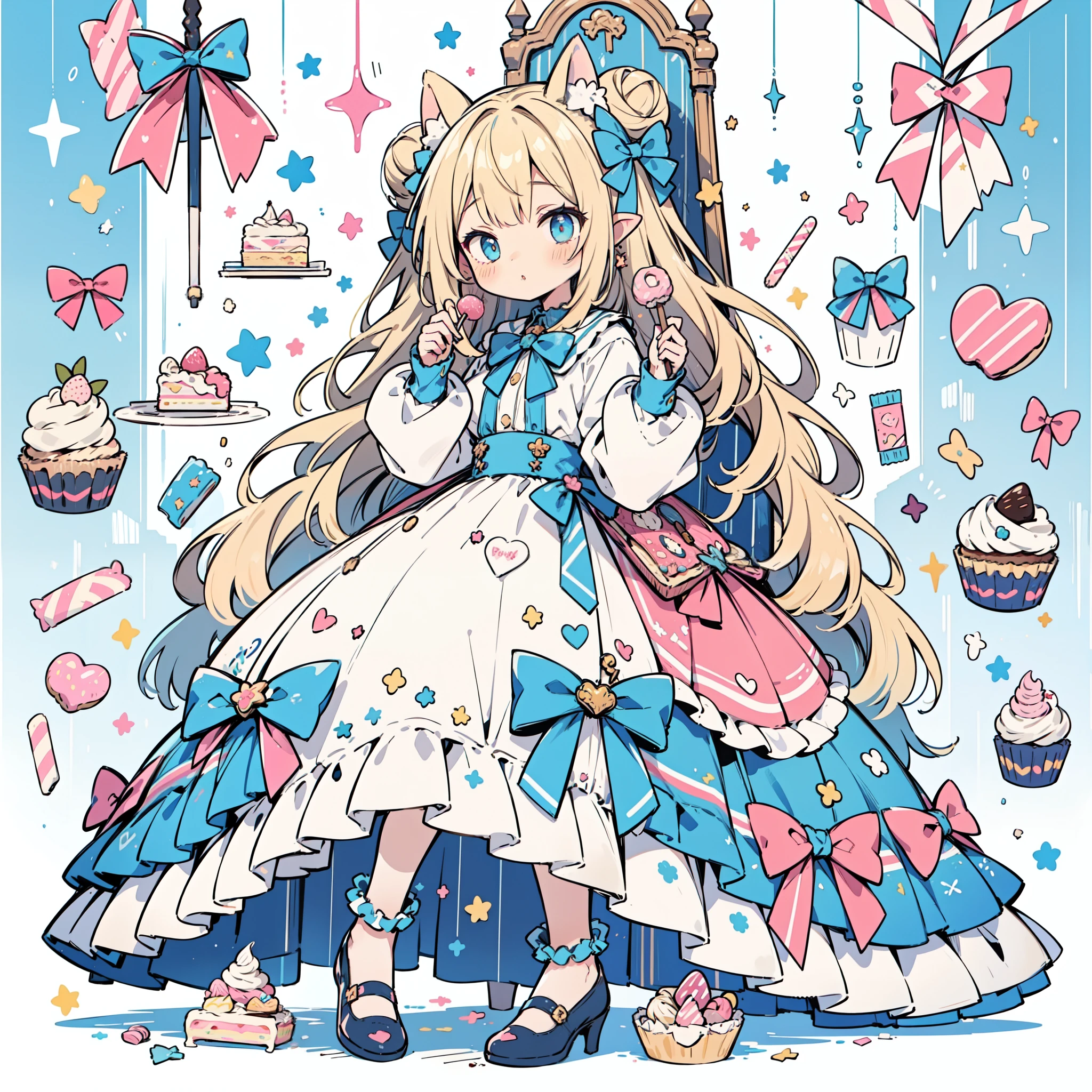 1girl, pastel muted colors, (color palette is yellow:1.2, blue:1.2, pink:1.2), (blonde with blue hair buns), short fashion skirt, sitted in a throne made out of sweets and pastries, for example donuts, sprinkles, candy, lollipops, candycane, cake, cupcakes, cakepops, frills and lace, polka dot patterns, long bat ears
