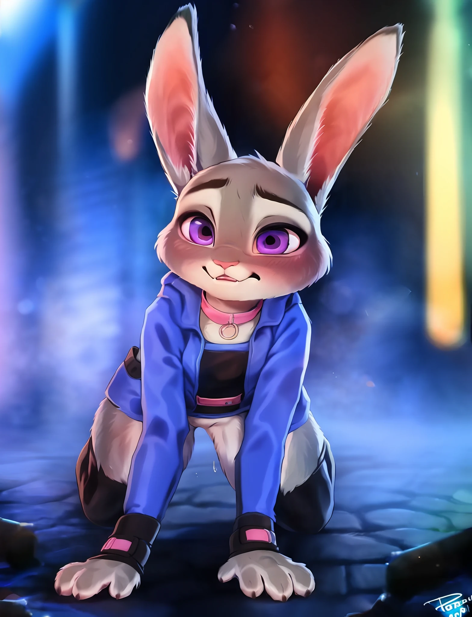 (uploaded on e621,8k, RAW photo,high resolution,high quality), ((masterpiece)), female, ((slim judy hopps)), (wear adorable shirt), crawling, bent over, pink collar, (tail) (cinematic lighting), backlighting, embarrassed, humiliated, (shaded), detailed background, by dagasi, (by personalami), beautiful purple eyes, thick leather mittens, leather cuffs,