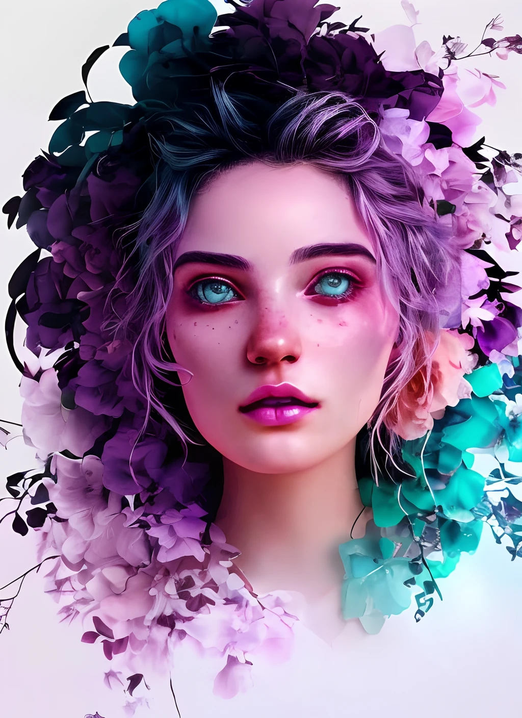 lr_rbn style, portrait of cute woman, wavy hair, pastel pink and purple hair, flowers, nature details, black background, purple and pink, ink, swirly lines, winning award masterpiece, fantastically gaudy, aesthetic octane render, 8 k, hd resolution, focus on the face