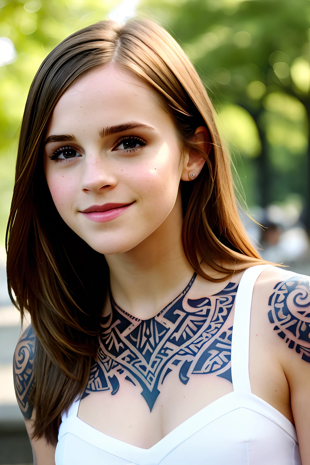 photo of little Emma Watson dynamic posture, slim physique, plump, teasing grin, (extremely detailed: 1.3), (textured skin: 1.3), large breasts, naked torso, (makeup: 1.3) petite, lipstick, (detailed eyes), high resolution, realistic lighting, freckles, choker, (sexy clothing: 1.2), (public park background: 1.2), (sunny:1.3), (tribal tattoo:1.3)