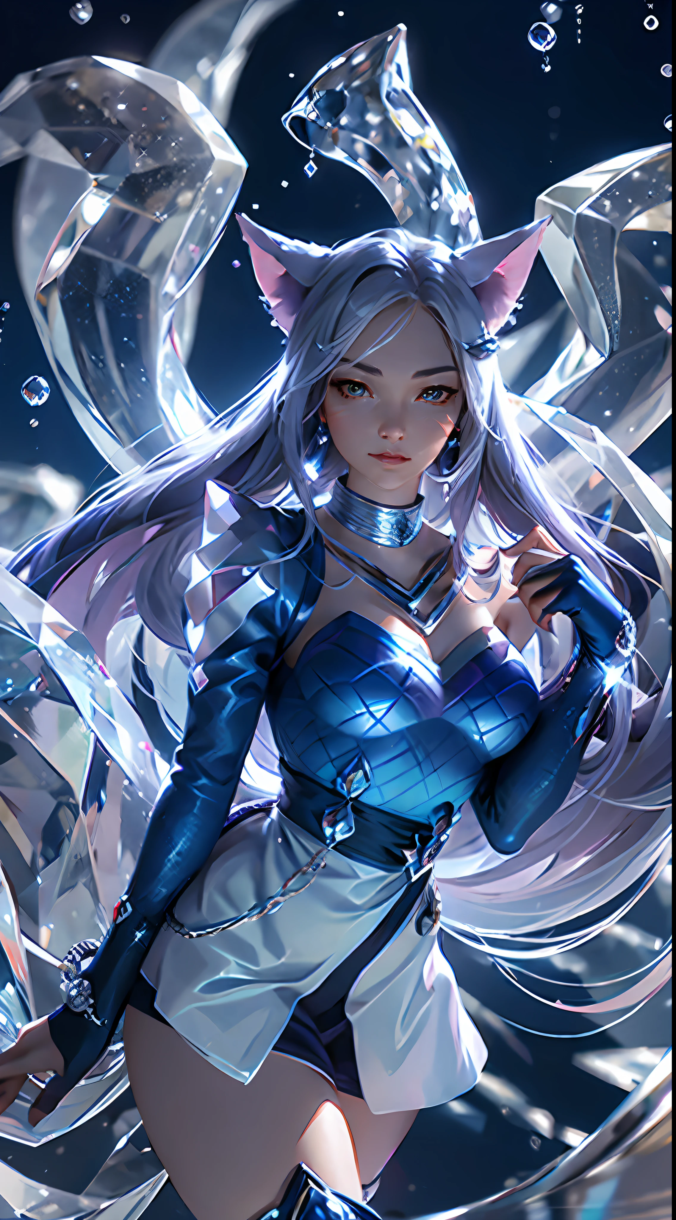 tiara, sailor senishi uniform, blue sailor collar, perfect face knee boots, white gloves, elbow gloves, jewelry, earrings, blue skirt, cowboy shooting, sphere, crystal ball, 1 girl water jade tree water, a beaver, a fox \ (League of Legends), K/DA\ (League of Legends), animal ears, face markings, fox ears, fox tail, orange eyes, multiple tails, tail,