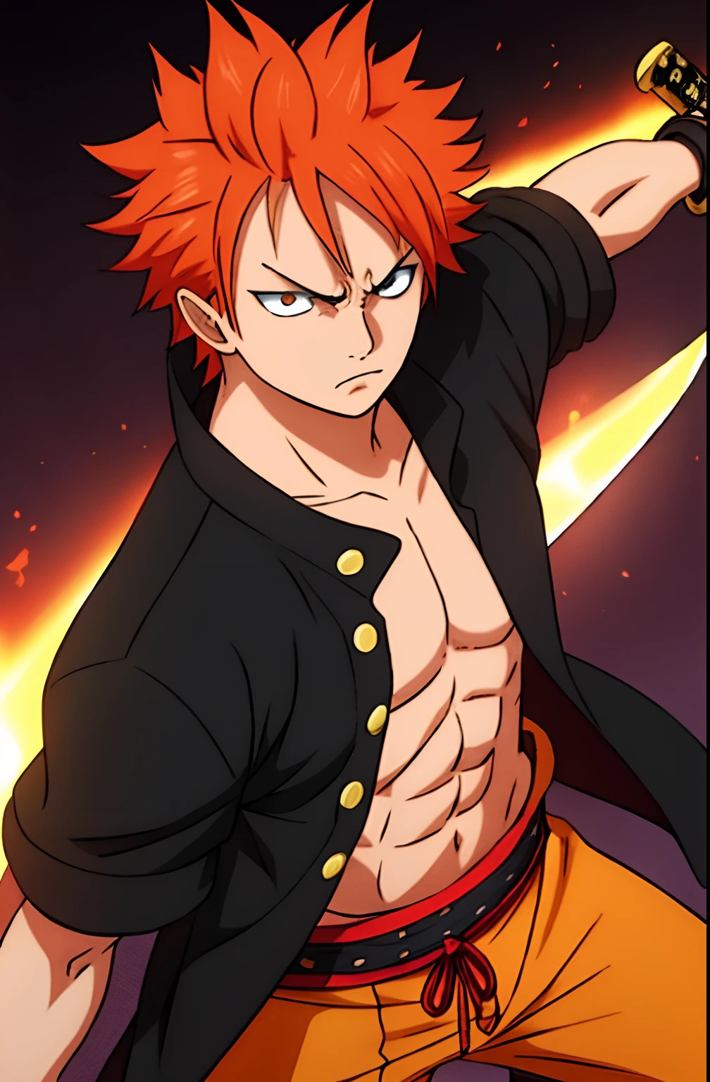 1boy, wanostyle, ichigo kurosaki, ginger hair, brown eyes, pirate captain, looking at viewer, holding a sword, Casual clothing options, Notable height, Strong-willed demeanor, Zangetsu, his iconic sword, Determined stance, Closely cropped hairstyle, Intense aura, Combat-ready posture, Energetic and determined personality