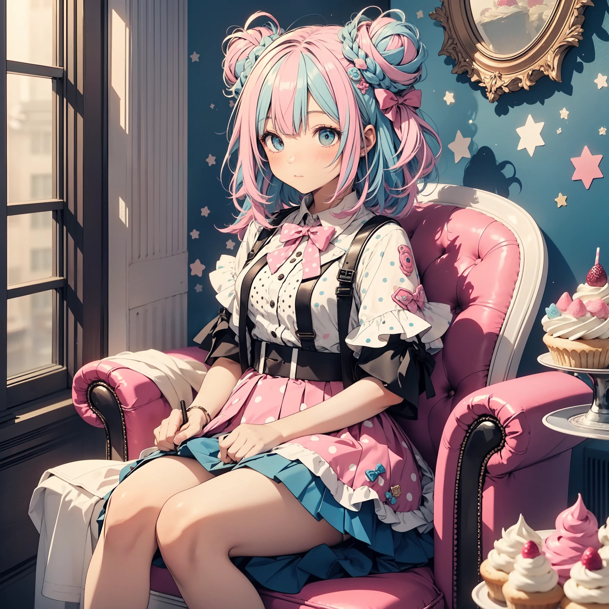 1girl, pastel muted colors, (color palette is yellow:1.2, blue:1.2, pink:1.2), (blonde with blue hair buns), ((short pleated skirt)), fashion skirt, (((sitting))) in a ((throne)) made out of sweets and pastries, for example donuts, sprinkles, candy, lollipops, candycane, cake, cupcakes, cakepops, frills and lace, polka dot patterns, long bat ears