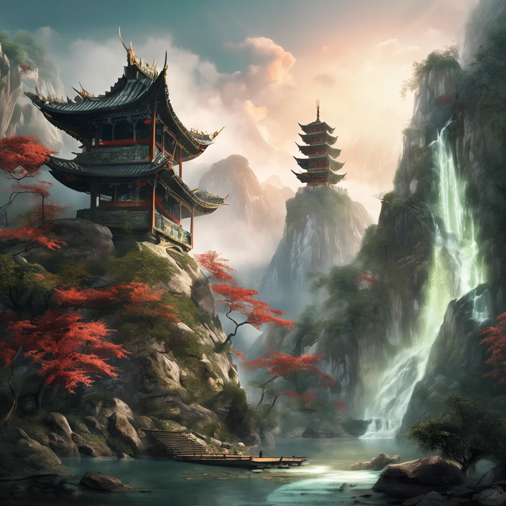 Painting of a pagoda in a mountain landscape with a waterfall - SeaArt AI