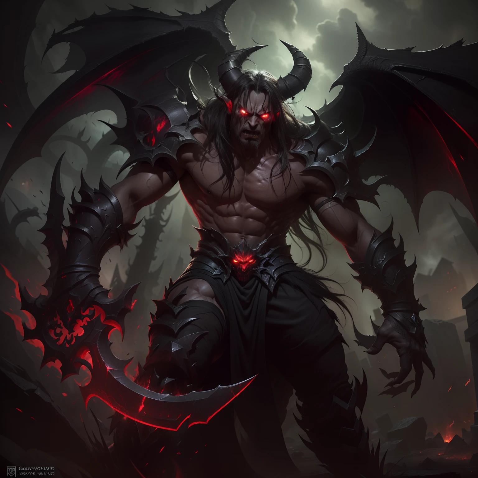 (Best quality, Detailed),(dark and angry,graveleux:1.3,sombre:1.2),ILLIDAN, World of Warcraft,
(Demonic wings, cornes pointues:1.3,dark red skin),two blades of Azzinoth,dark eyes,sinistre, regard intense, background dark, Volumetric light hyper realistic super detailed Dynamic pose