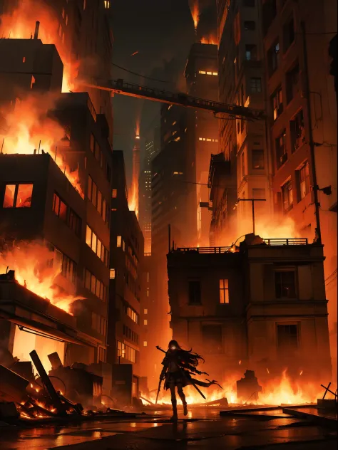 "Burning city, apocalyptic chaos, raging flames, crumbling structures. Captured with an 8K RAW format using a Sony Alpha A7 camera. Cinematic universe effects, immersive night vision, recognized for its outstanding portrait."