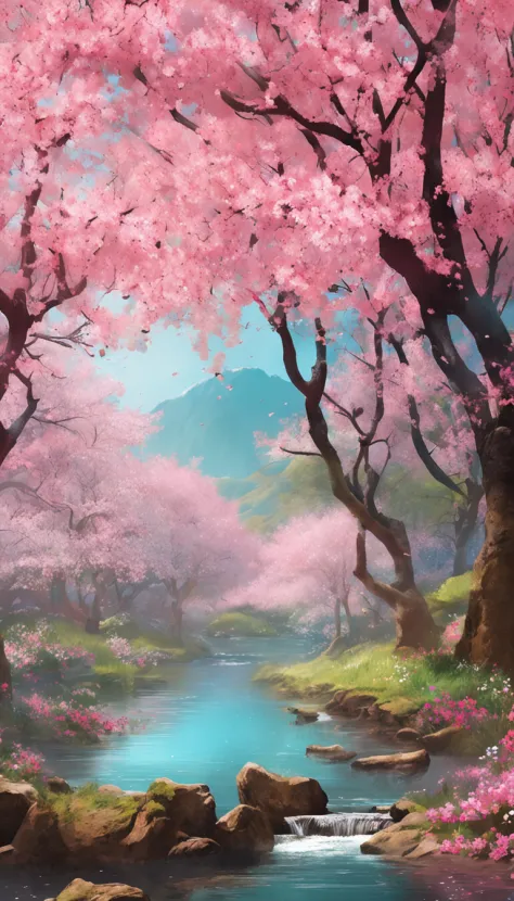 Describe a charming scene of a spring grove with cherry trees in full bloom, painting the scenery with its beautiful pink color. Ao redor do bosque, um extenso campo florido irradia alegria, com uma mistura de rosas brancas, amarelas e azuis, destacando-se...
