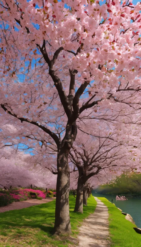 Describe a charming scene of a spring grove with cherry trees in full bloom, painting the scenery with its beautiful pink color. Ao redor do bosque, um extenso campo florido irradia alegria, com uma mistura de rosas brancas, amarelas e azuis, destacando-se...