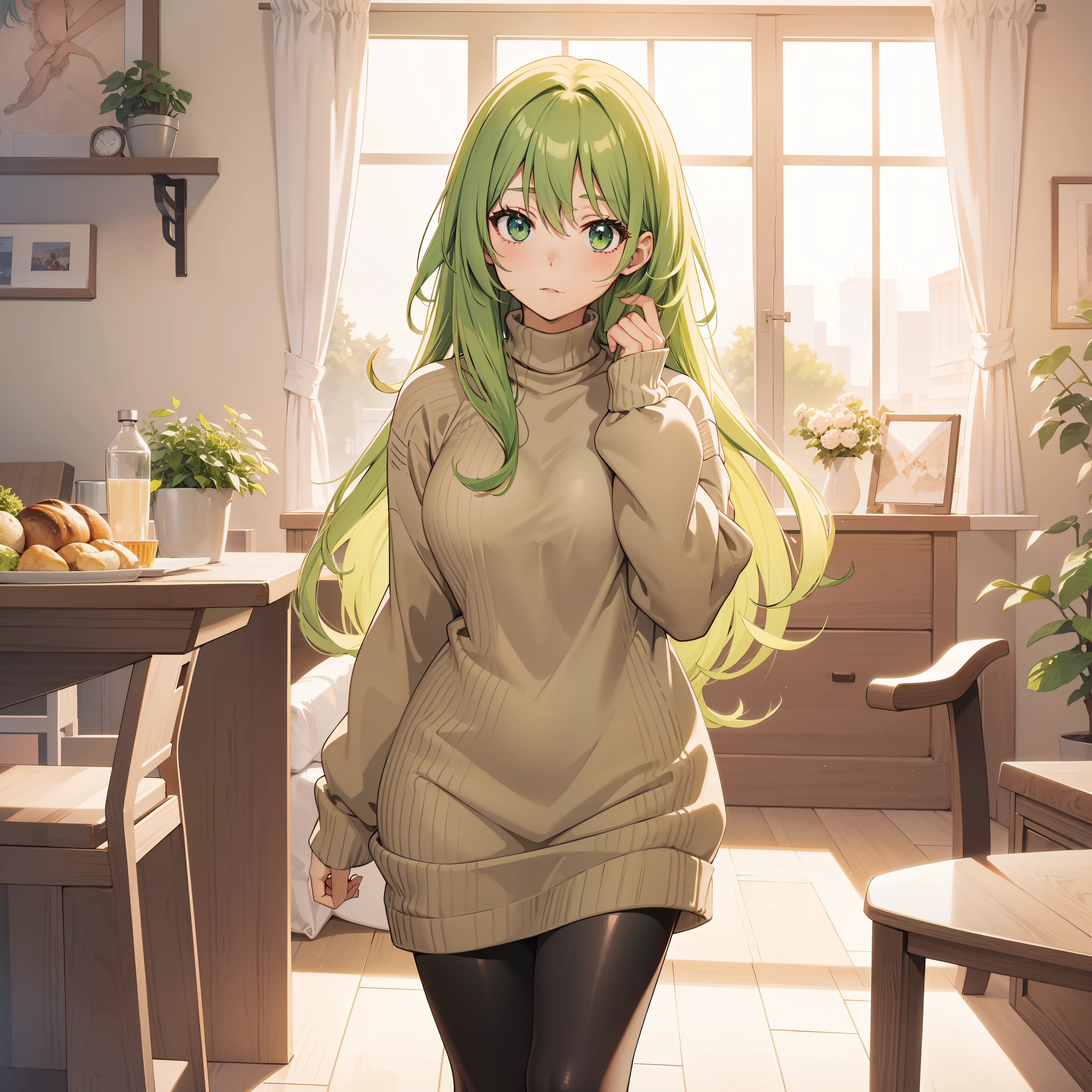 anime Frau, grüne Haare, enges Pulloverkleid aus Polyester, Gamaschen, sexy, schlank,