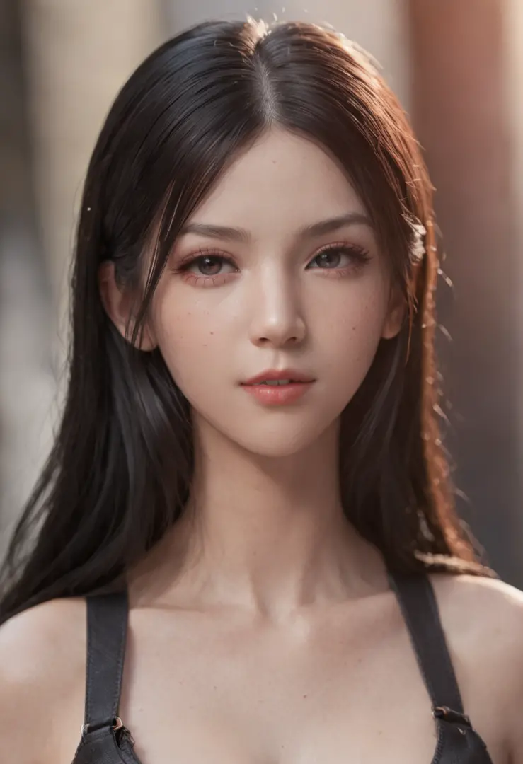 ((masterpiece:1.2)), (best quality), (full body view), tifa lockhart, red_eyes, black hair, long hair, shiny skin, shiny big, crisp focus: 1.2, very detailed face and skin texture, detailed eyes, perfect face, perfect body, detailed background, big with pr...