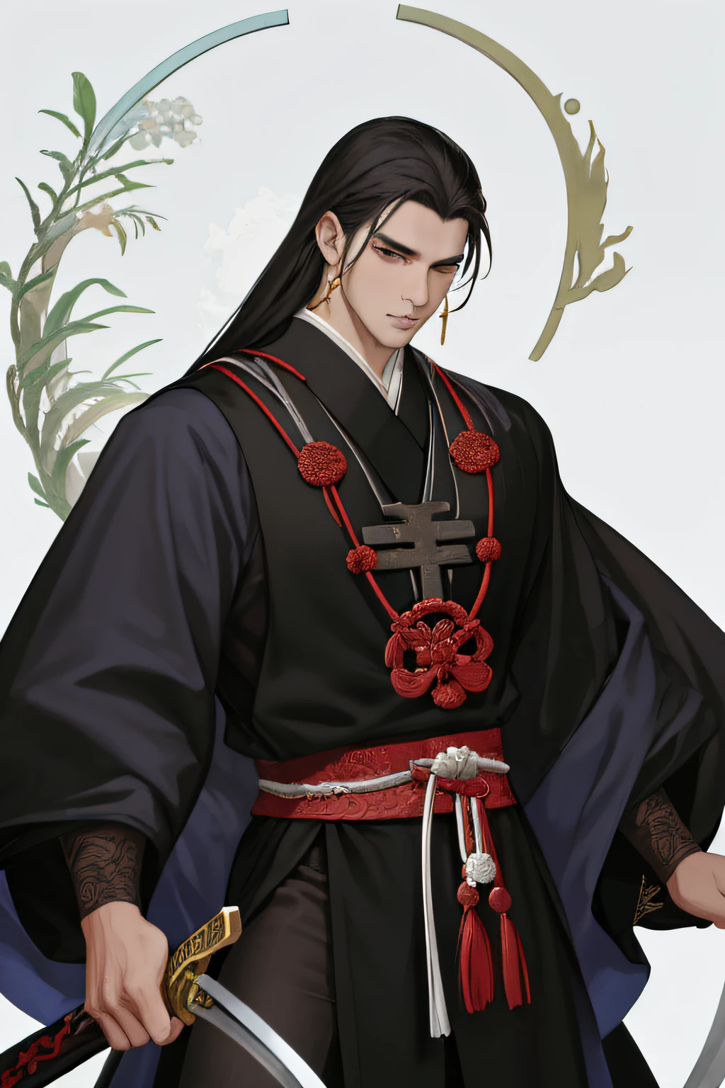 NSFW, obra-prima, melhor qualidade, ultra-detalhado, semi-realista, detailedfacialfeatures, 2homens,usando roupas velha wuxia chinesa,cabelos negros compridos , olhos negros,roupa grande vestido roupa masculina,manly,sensual ,full of malice,arrogante ,seduzindo,holding a long sword with his right hand and with his left making a gesture of respect