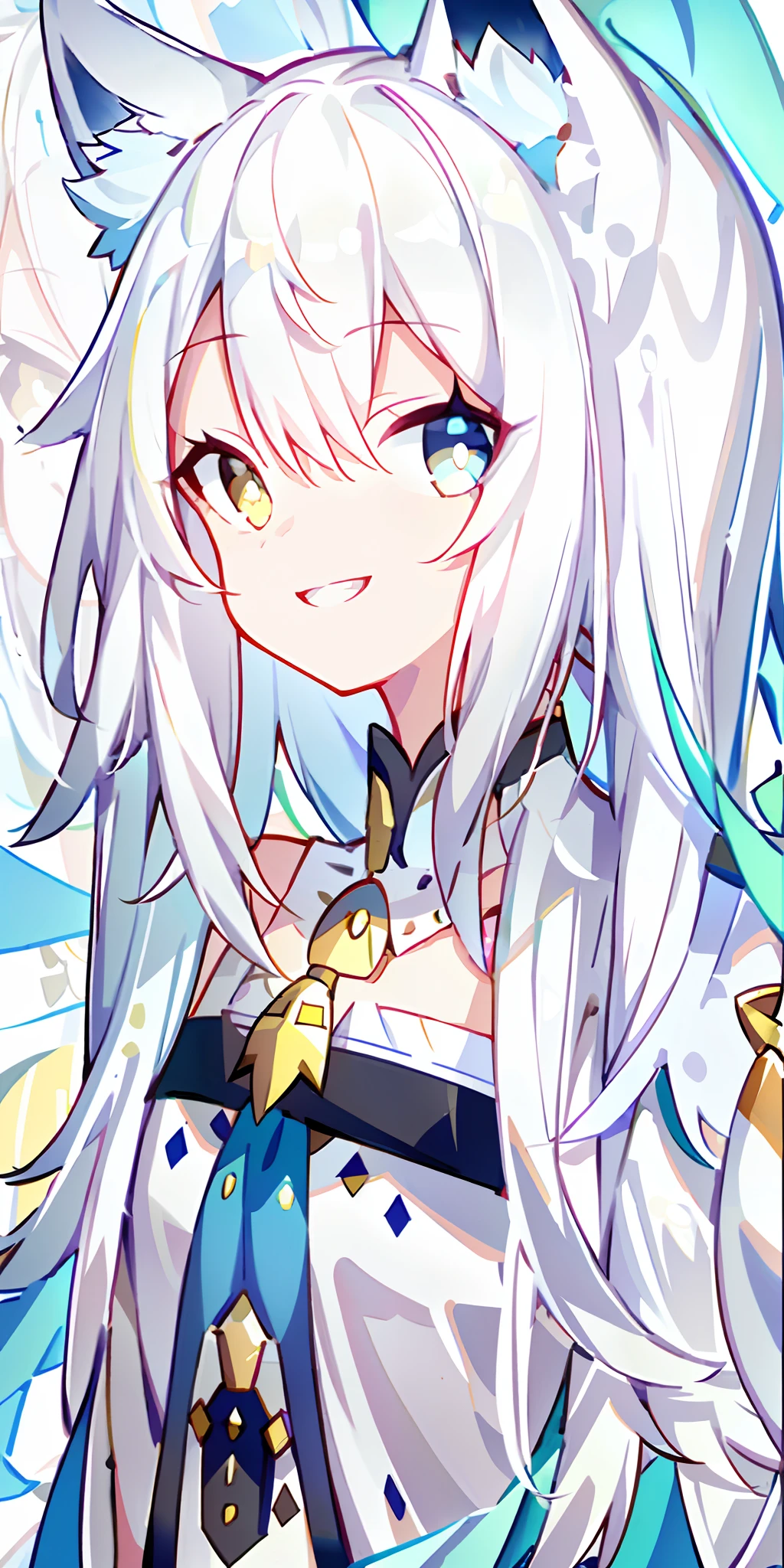 whaite hair，White cat ears，Heterochromia, Yellow eyes, Blue eyes，grin