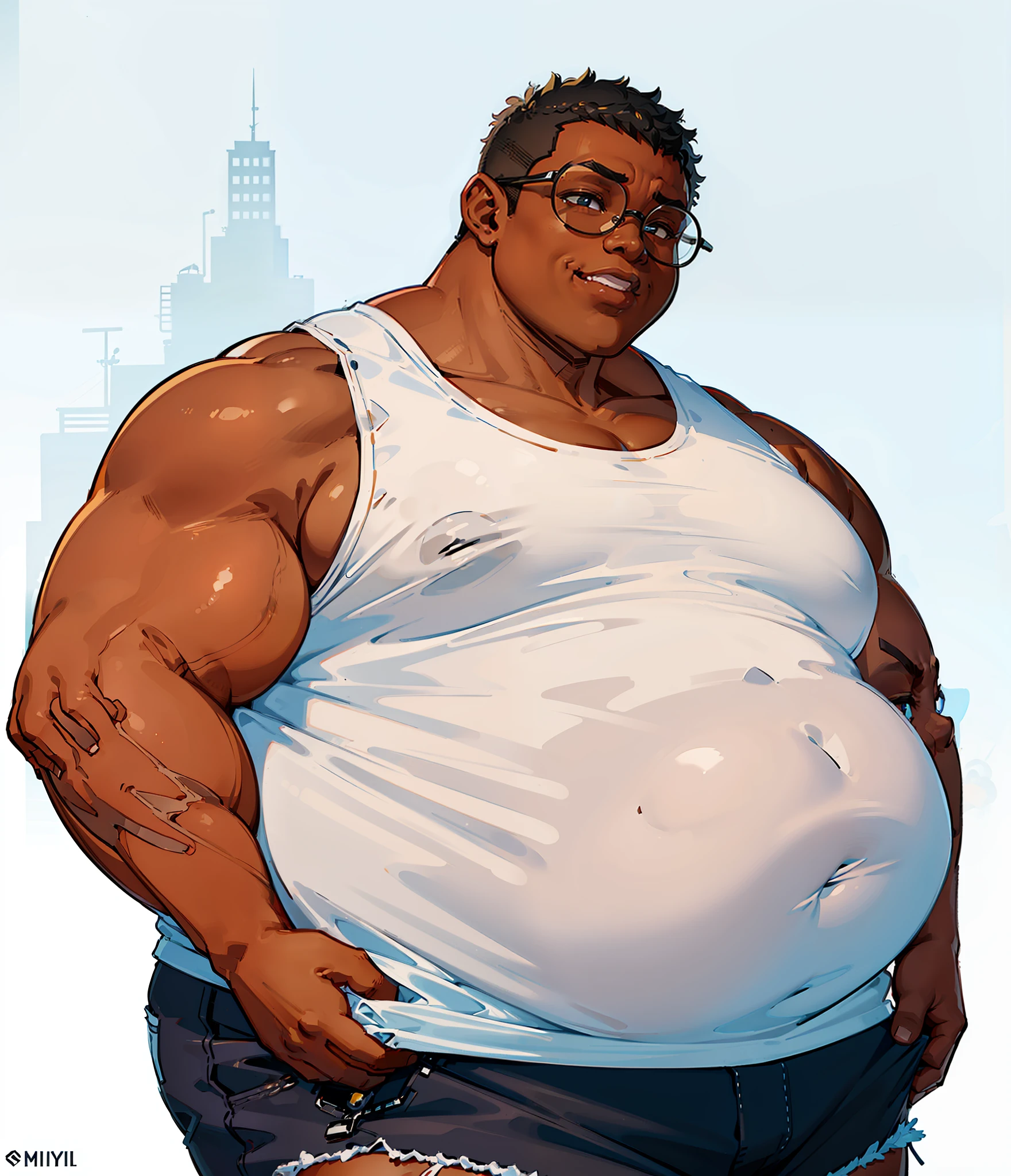 A close up of a man with a large belly and glasses - SeaArt AI