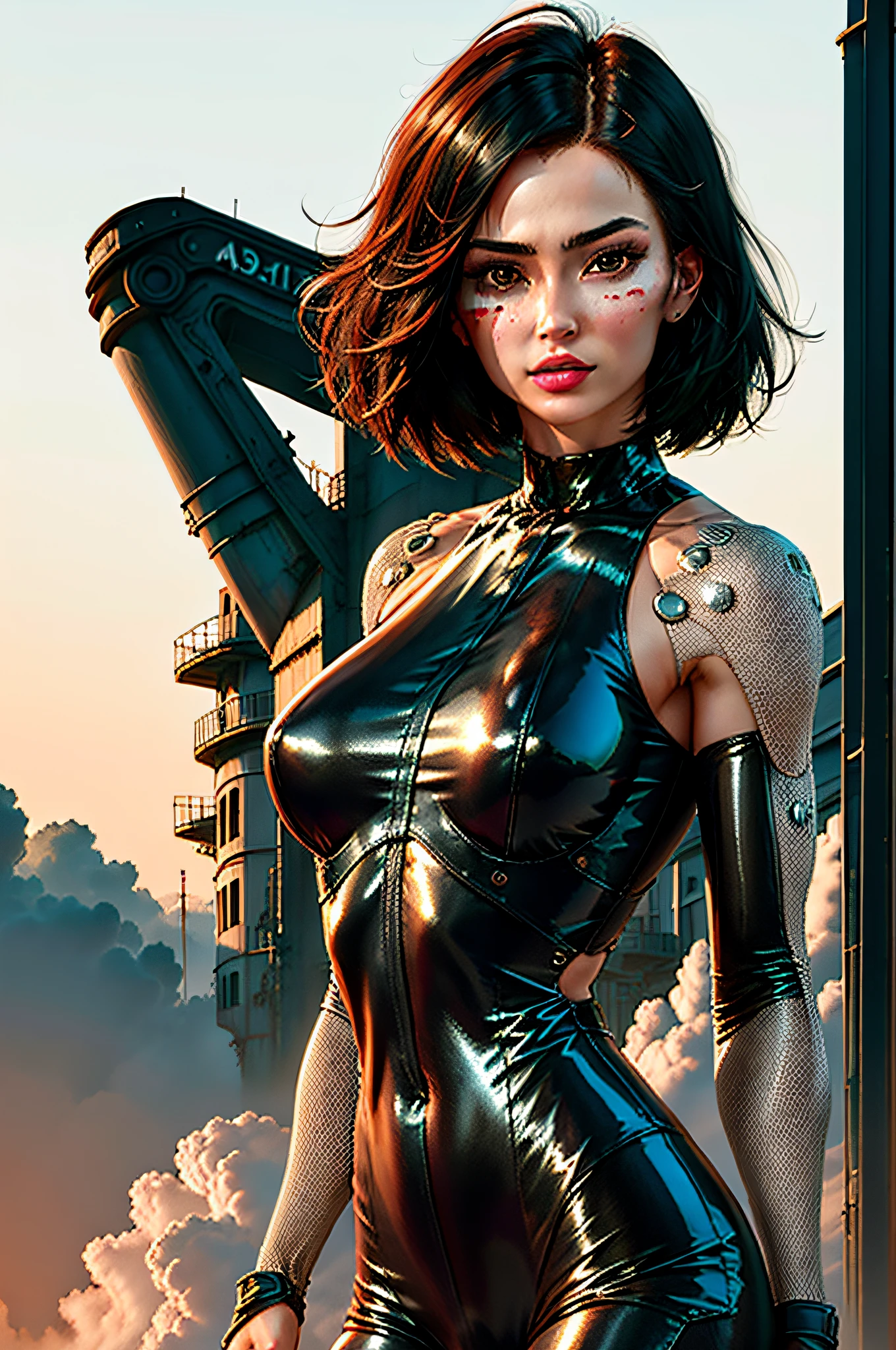 short hair, cabelos pretos, olhos castanhos, Bodysuit, marca facial, mechanical arms, Cyberpunk, pintura facial, android, Brilho,1girl, Masterpice, alta qualidade, best quality, bom corpo, good hands and fingers, Arte Oficial, rosto perfeito, perfect hands, (sozinho), (cidade), Povo, science fiction,