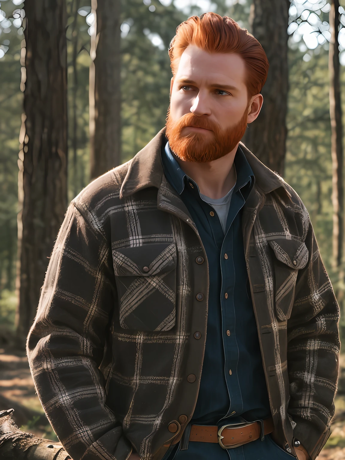 Highest quality:1.3), cinematic shot, masterpiece, (sharp focus:1.5), (photorealistic:1.3), medium portrait of (a red-haired, sturdy, and determined lumberjack, dressed in rugged lumberjack attire, a large axe resting on his shoulder as he stands in a dense forest, sunlight filtering through the trees creating patterns of light and shadow on the leaf-covered ground), it is daytime, (highly detailed skin), (detailed face), detailed background, natural lighting, soft light, intricate details, UHD