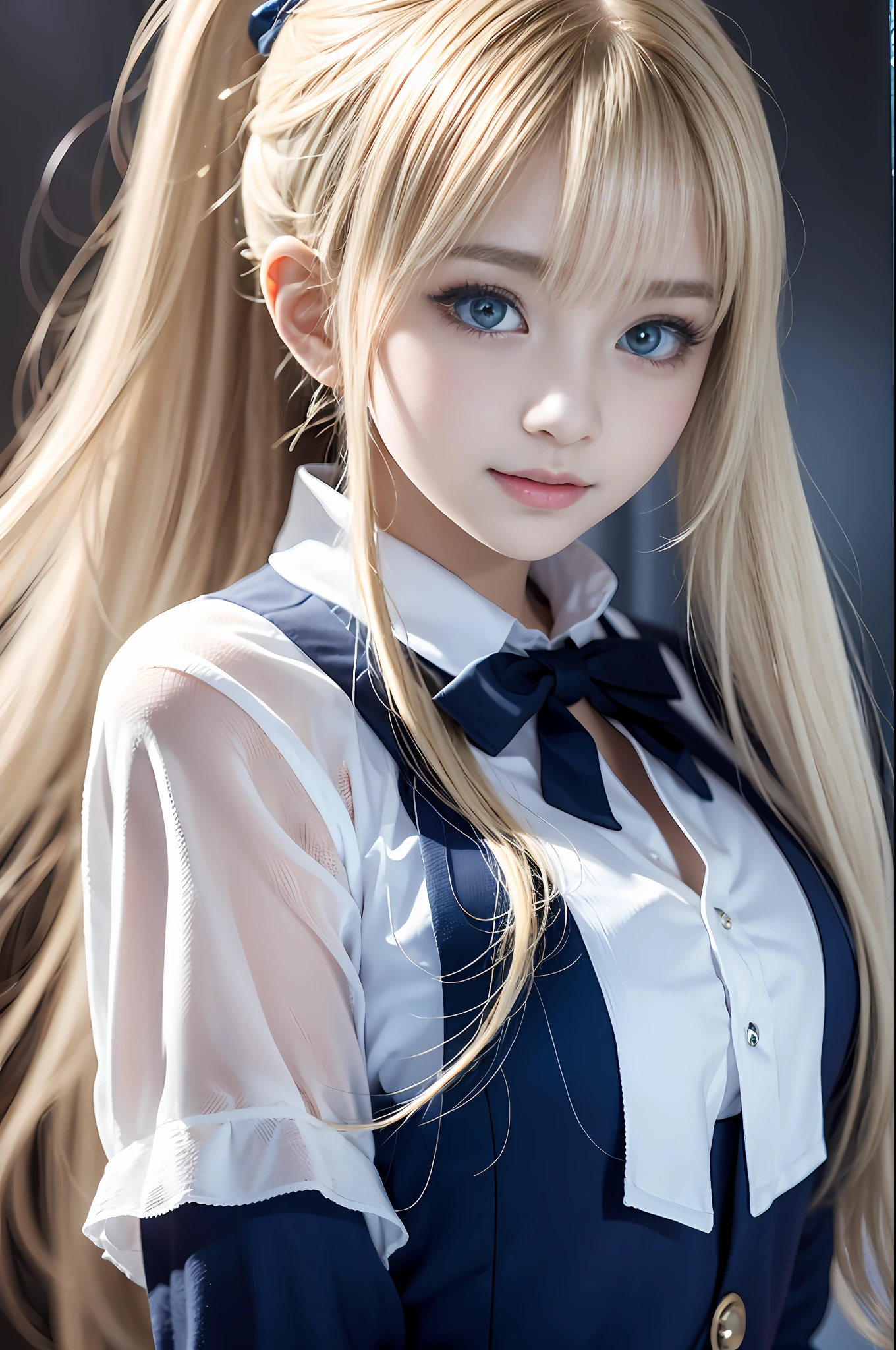portlate、School Uniforms、bright expression、poneyTail、Young shiny shiny white shiny skin、Best Looks、Blonde reflected light、Platinum blonde hair with dazzling highlights、shiny light hair,、Super long silky straight hair、Beautiful bangs that shine、Glowing crystal clear attractive big blue eyes、Very beautiful nice cute 16 year old girl、Lush bust