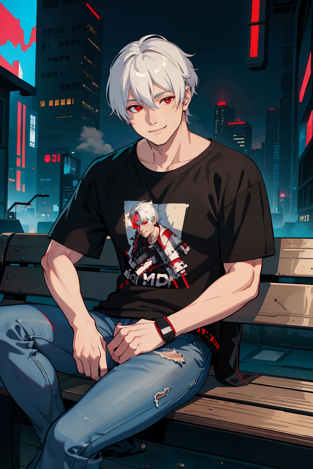 masterpiece, high quality, best quality, beautiful, hd, realistic, perfect lighting, detailed face, detailed body, 1 man, (white hair), red eyes, manly, (brutal), black t-shirt, jeans, sitting on a bench,  ((cyberpunk)), (fog), smile