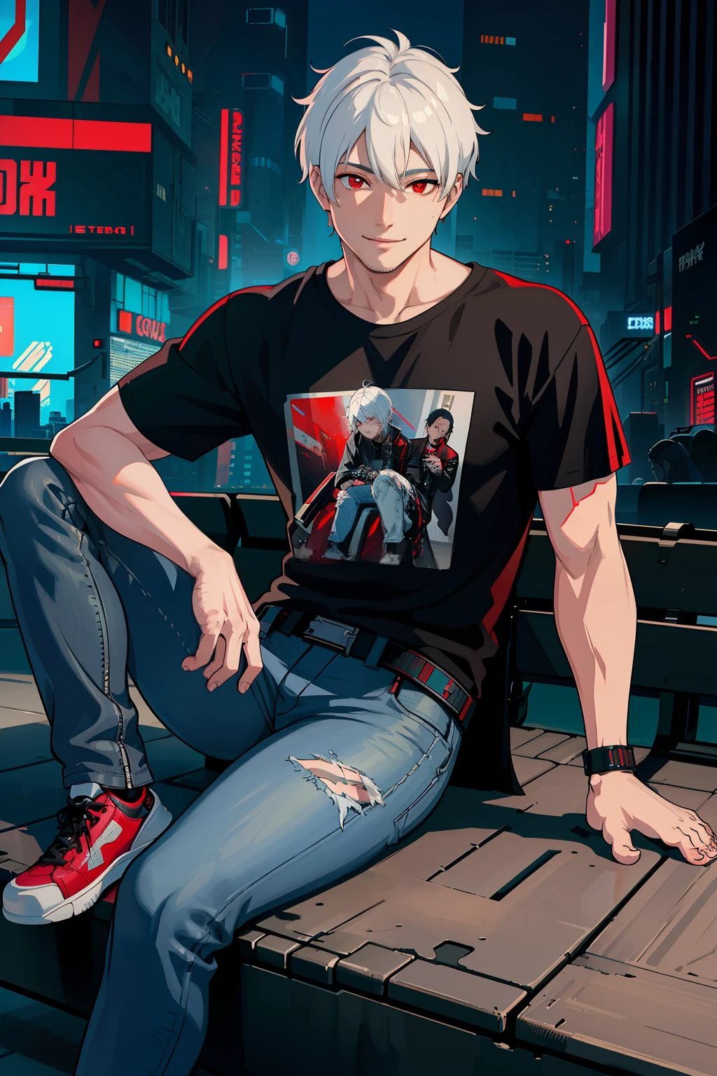 masterpiece, high quality, best quality, beautiful, hd, realistic, perfect lighting, detailed face, detailed body, 1 man, (white hair), red eyes, manly, (brutal), black t-shirt, jeans, sitting on a bench,  ((cyberpunk)), (fog), smile