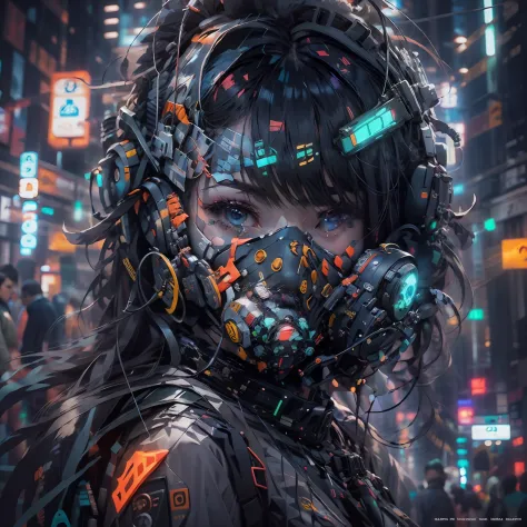 1girl, wear a cyberpunk mask, Neon mask, Detail mask, retrato do rosto, tiro de close up |, de cima, cidade cyberpunk