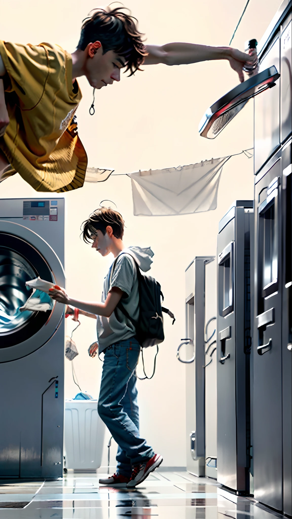 Side shot of Schizophrenic walking in front of a laundry machine and washing his thoughts that are being sucked into the washing machines