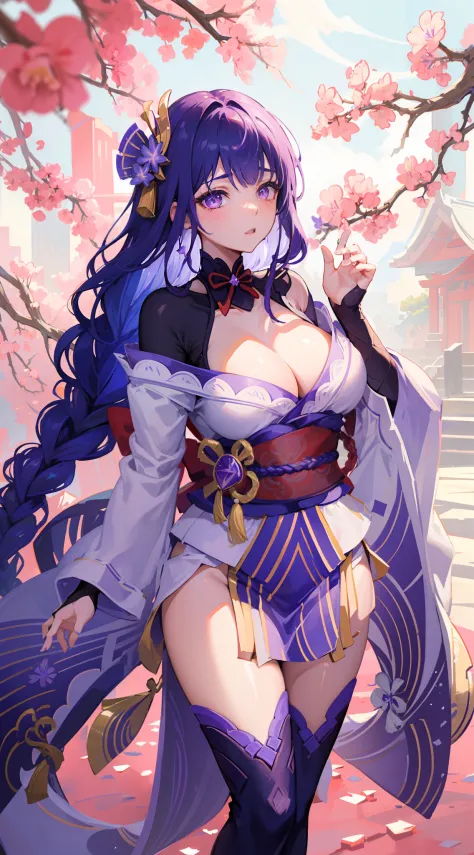 Japanese temple, (Highest Quality，masterpiece，8k wallpaper:1.2)，((Pale skin))，1girll，Solo Woman，((Genshin_impact，Raiden general))，light particles，Purple thunderbolt，Bright background，the cherry trees，purple color-theme，Delicate facial features，Sexy beautif...