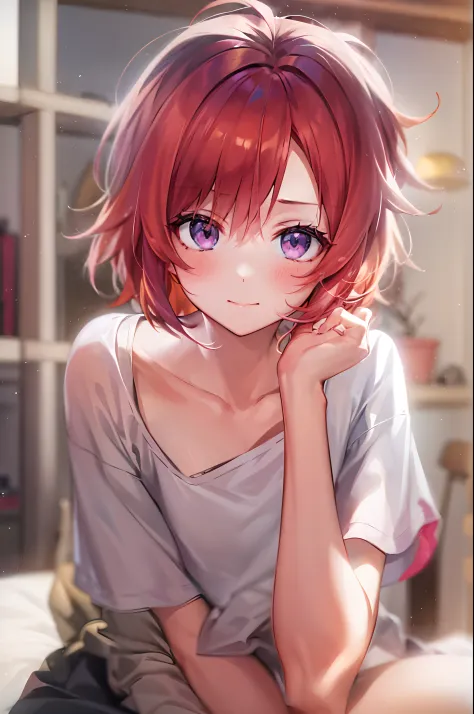 Anime girl with red short disheveled hair, purple eyes, wearing short shirt, sunny day, Living room, cute face, ultrasharp 8k se...