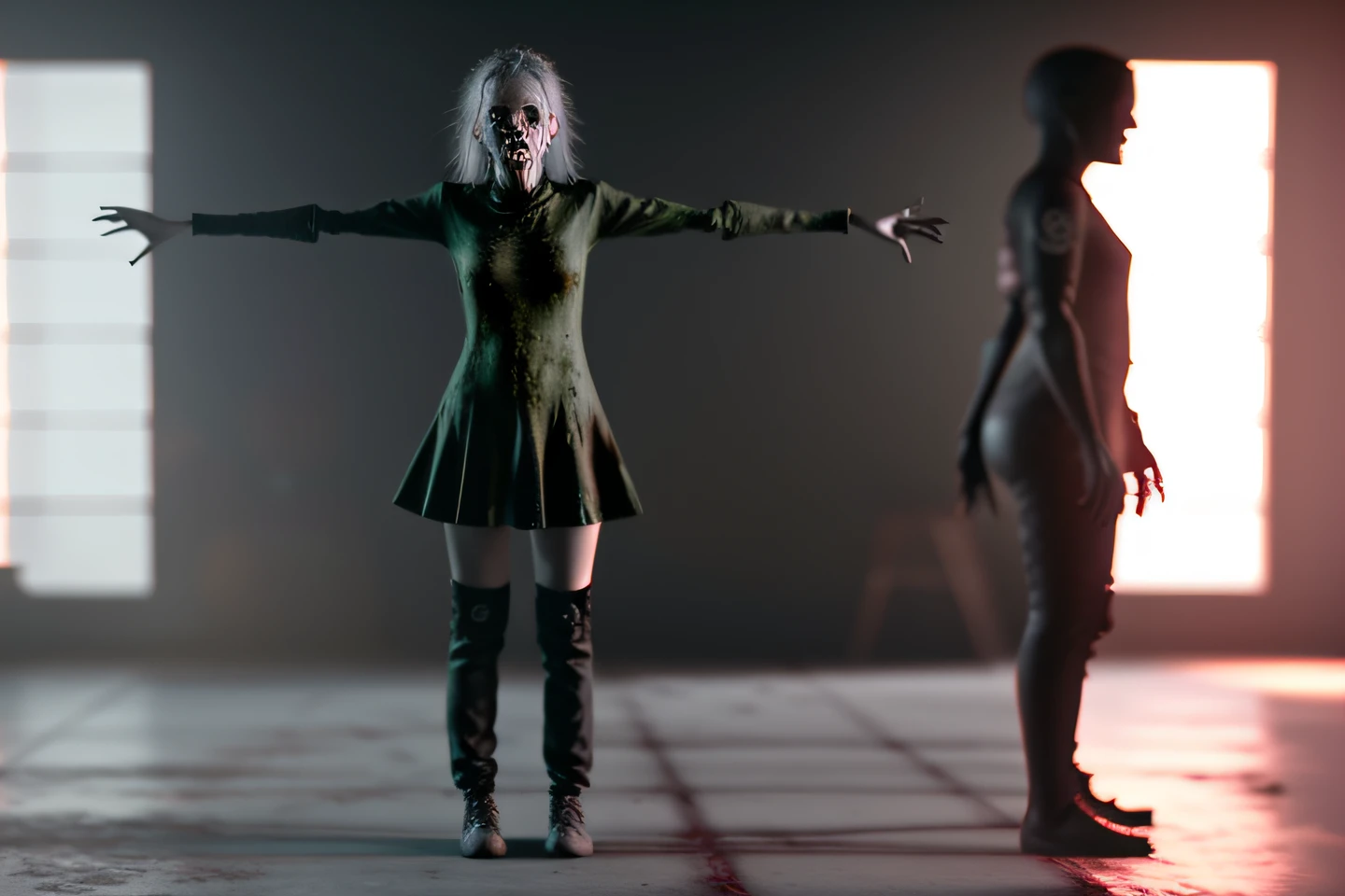 um close up of female zombie girl in t-pose, ulra realistic, cinematic, unreal engine, masterpiece, photography, ray tracing