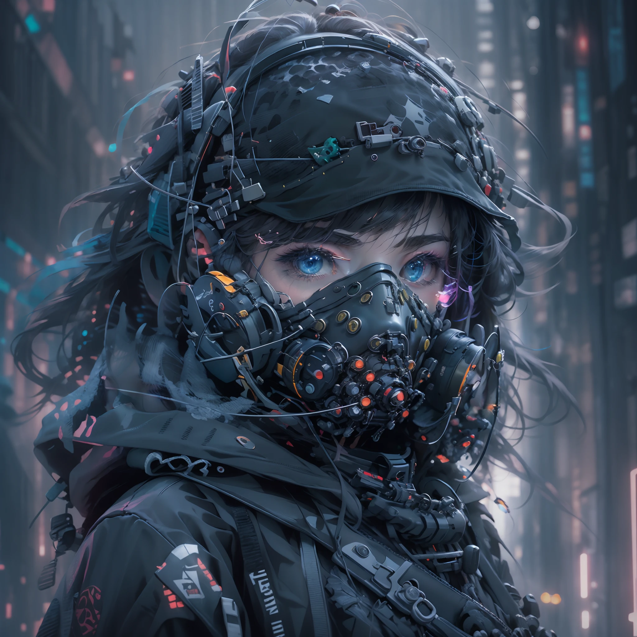 1 chica, usar una máscara ciberpunk, máscara morada, Máscara de detalle, retrato de la cara, tiro de cerca | |, de sala de guerra, estructura militar ciberpunk