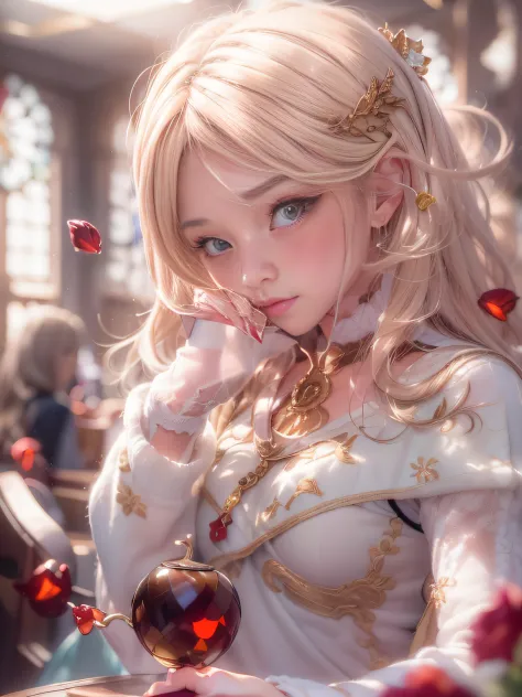 Blonde woman sitting at table in golden white dress, Tokusatsu Heroine, Mysterious Woman,Red Gemstones and Hoop Crowns,Mystical ...