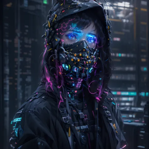 1hacker, wear a cyberpunk mask, Fluorescent mask, retrato do rosto, tiro de close up | |, de cima, sala computadores cyberpunk
