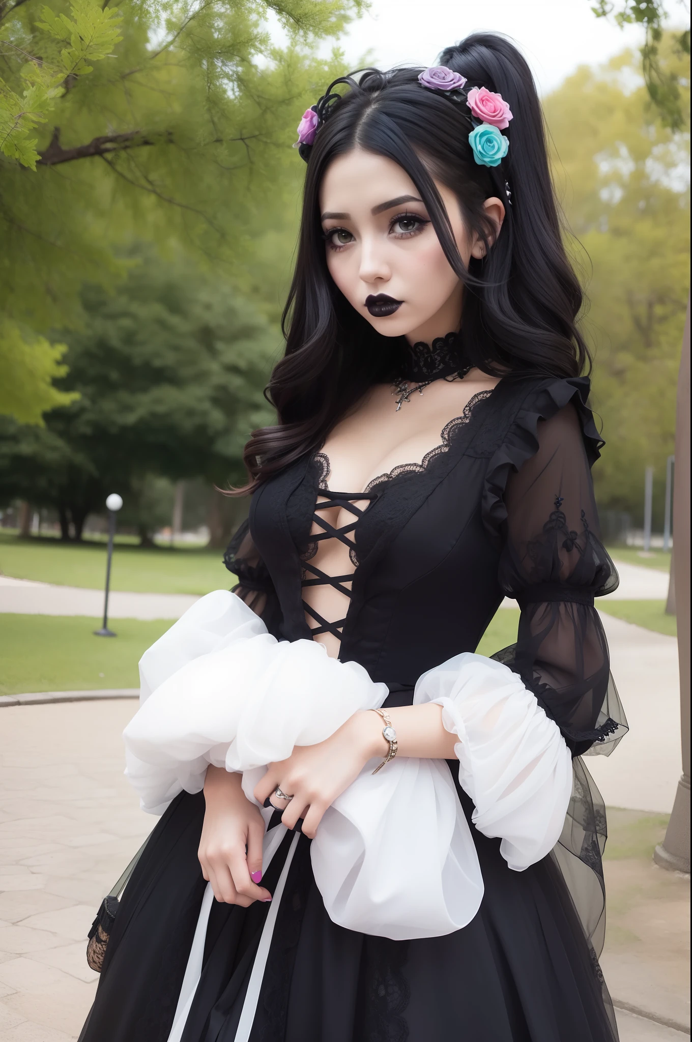 In a beautiful park a modern looking woman. It has a very colorful and striking kawaii gothic style.., with elegant makeup and a colorful wig.