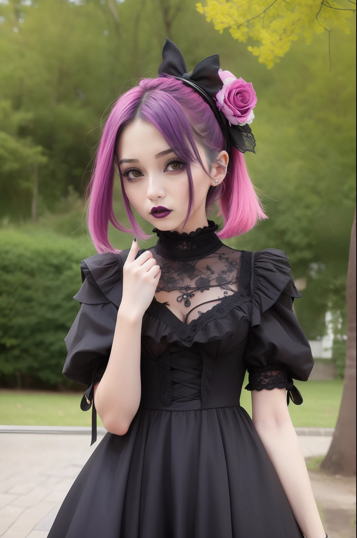 In a beautiful park a modern looking woman. It has a very colorful and striking kawaii gothic style.., with elegant makeup and a colorful wig.