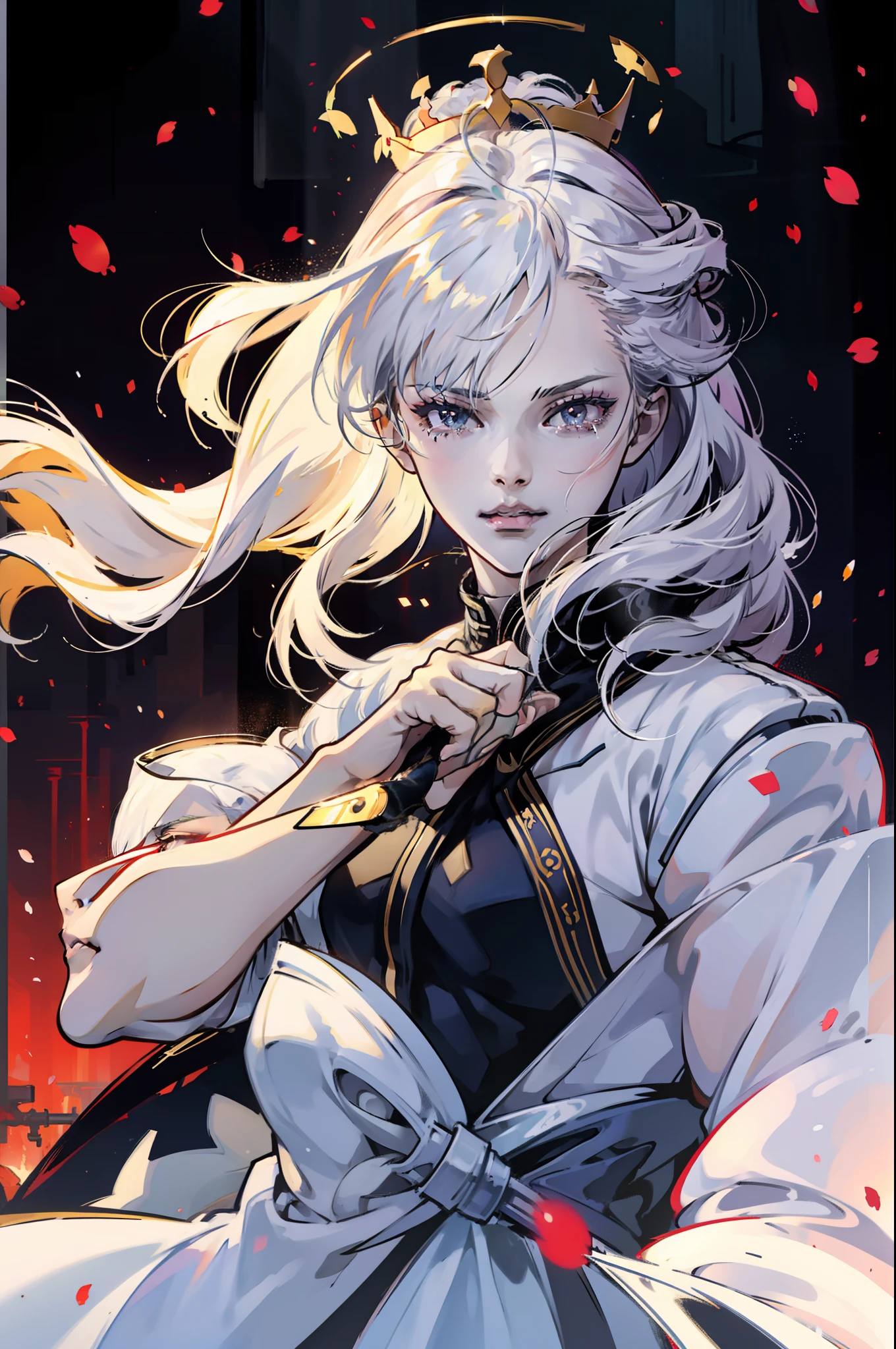 white hair, curtained hair, drill hair, hime cut, halo, crown, streaming tears, anime, anime style, cinematic lighting, cinematic lighting, anatomically correct, super detail, high details