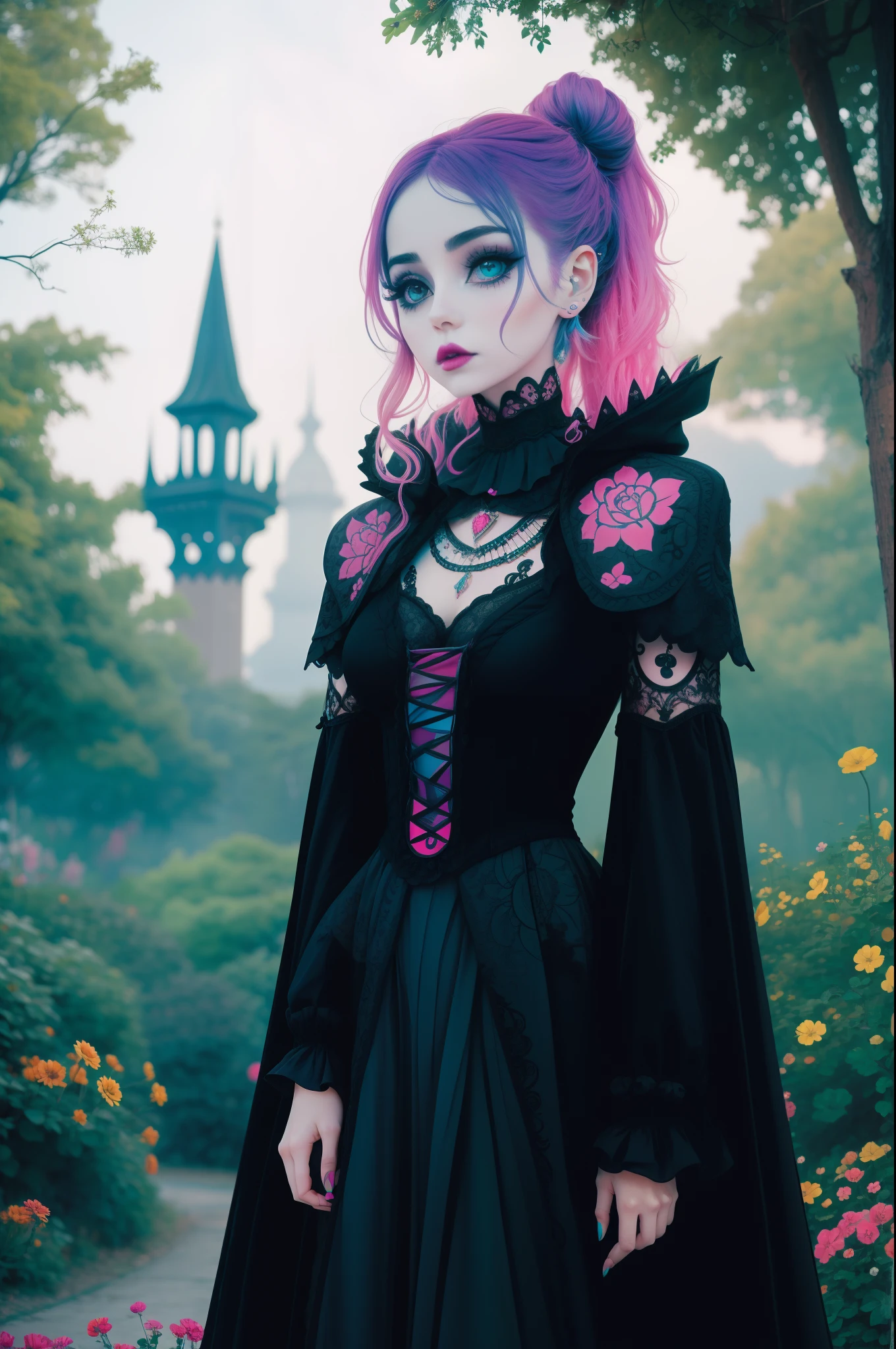 In a beautiful park a modern looking woman. It has a very colorful and striking kawaii gothic style.., with elegant makeup and a colorful wig.