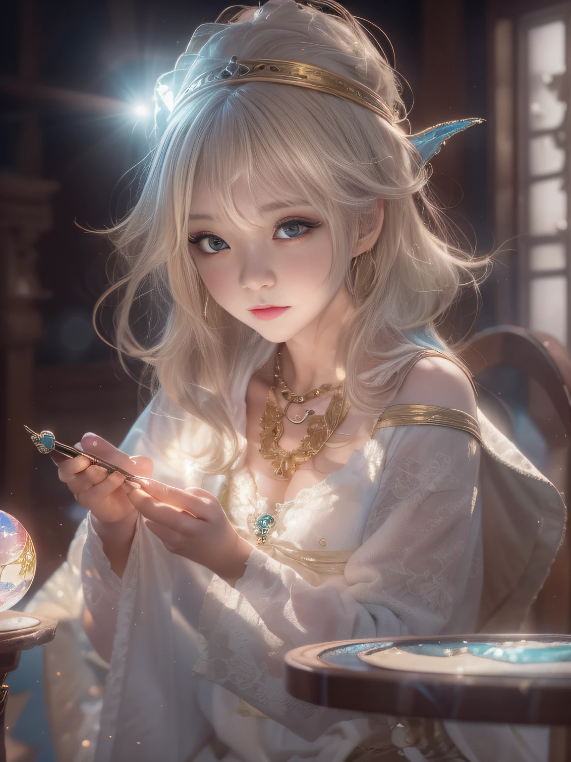 Blonde woman sitting at table in golden white dress, Tokusatsu Heroine, Mysterious Woman,Gemstones and Hoop Crowns,Mystical Necklace,White cloak,Mysteriously sparkling jewel bangles，He holds a mysterious crystal ball in his left hand，Soft lighting, guweiz, artwork in the style of guweiz, ig model | ArtGerm, A seductive anime girl, Anime girl cosplay, guweiz on pixiv artstation, wlop and sakimichan, range murata and artgerm，((Cool color makeup，Lowered eyebrows、Whitening effect，thin and thin eyebrows，eye bags，Ephemeral Girl，A look tinged with joy))，Very soft lighting，Eight-headed body，light glow，Film grain，Expro II，Lens Flare，Sharpen，cinematic shadow