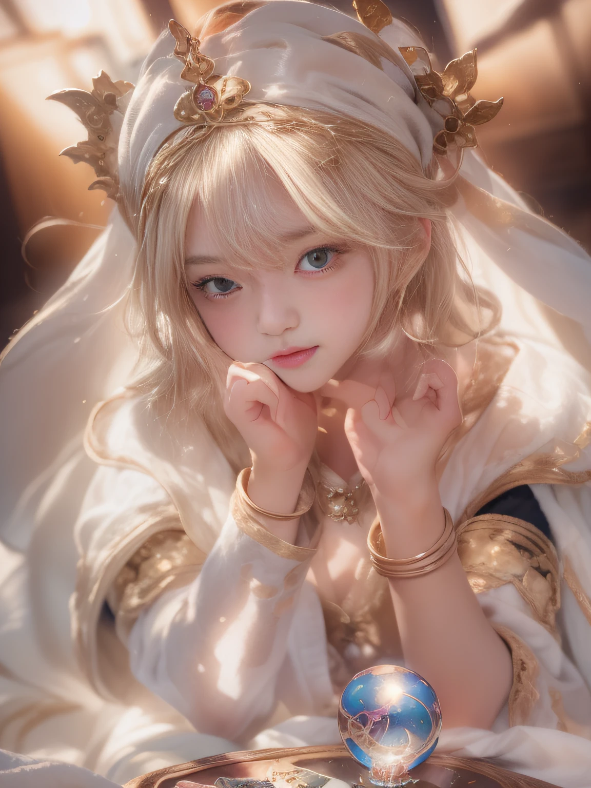 Blonde woman sitting at table in golden white dress, Tokusatsu Heroine, Mysterious Woman,Gemstones and Hoop Crowns,Mystical Necklace,White cloak,Mysteriously sparkling jewel bangles，He holds a mysteriously glowing crystal ball in his left hand，Soft lighting, guweiz, artwork in the style of guweiz, ig model | ArtGerm, A seductive anime girl, Anime girl cosplay, guweiz on pixiv artstation, wlop and sakimichan, range murata and artgerm，((Cool color makeup，Lowered eyebrows、Whitening effect，thin and thin eyebrows，eye bags，Ephemeral Girl，A look tinged with joy))，Very soft lighting，Eight-headed body，light glow，Film grain，Expro II，Lens Flare，Sharpen，cinematic shadow