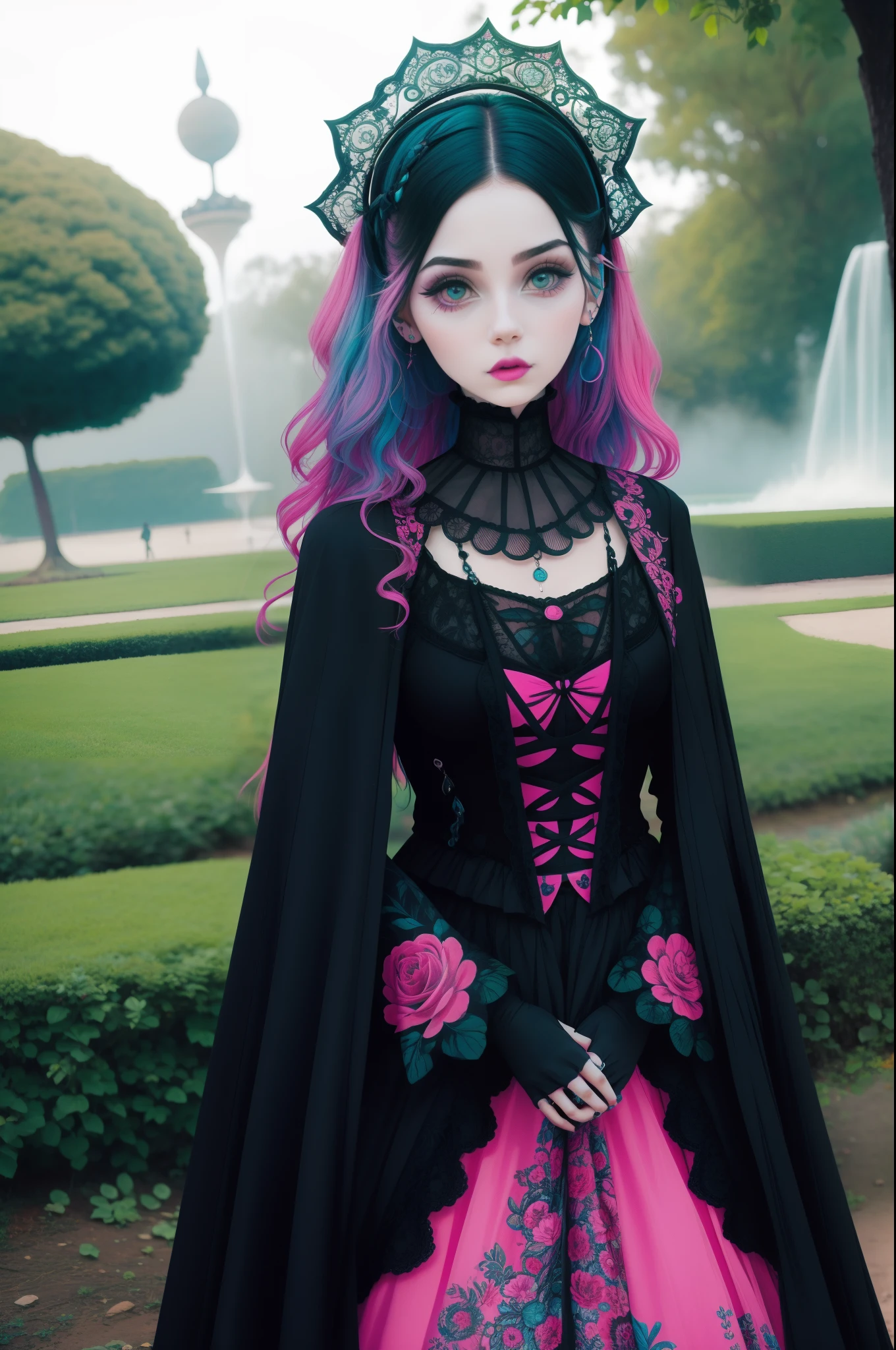 In a beautiful park a modern looking woman. It has a very colorful and striking kawaii gothic style.., with elegant makeup and a colorful wig.