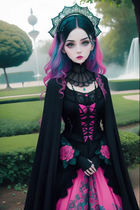 en un hermoso parque una mujer de aspecto moderno. it has a very colorful and striking kawaii gothic style.., con un maquillaje ...