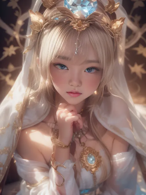 Blonde woman sitting at table in golden white dress, Tokusatsu Heroine, Mysterious Woman,Gemstones and Hoop Crowns,Mysteriously ...