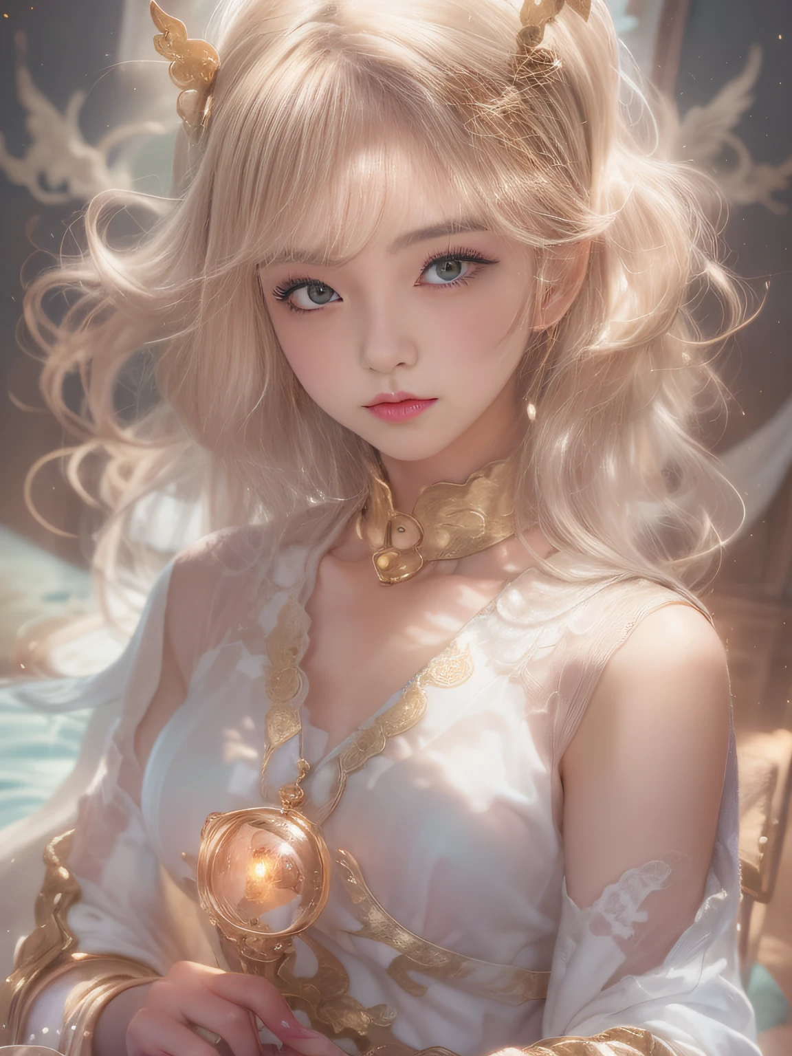 Blonde woman sitting at table in golden white dress, Tokusatsu Heroine, Mysterious Woman,Gemstones and Hoop Crowns,Mysteriously glowing necklace,White cloak,Mysteriously sparkling jewel bangles，He holds a mysterious wand in his left hand，Soft lighting, guweiz, artwork in the style of guweiz, ig model | ArtGerm, A seductive anime girl, Anime girl cosplay, guweiz on pixiv artstation, wlop and sakimichan, range murata and artgerm，((Cool color makeup，Lowered eyebrows、Whitening effect，thin and thin eyebrows，eye bags，Ephemeral Girl，A look tinged with joy))，Very soft lighting，Eight-headed body，light glow，Film grain，Expro II，Lens Flare，Sharpen，cinematic shadow