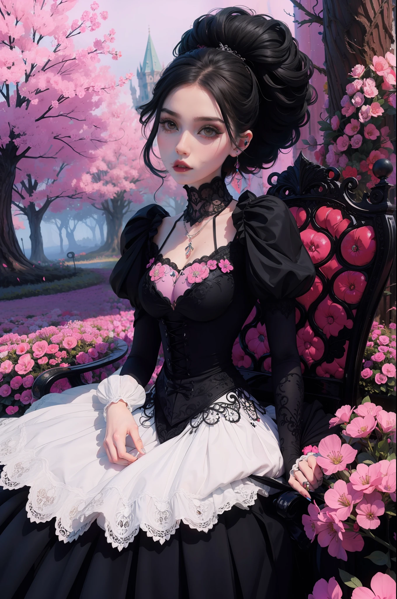 In a beautiful park a modern looking woman. It has a very colorful and striking kawaii gothic style.., with elegant makeup and a colorful wig.