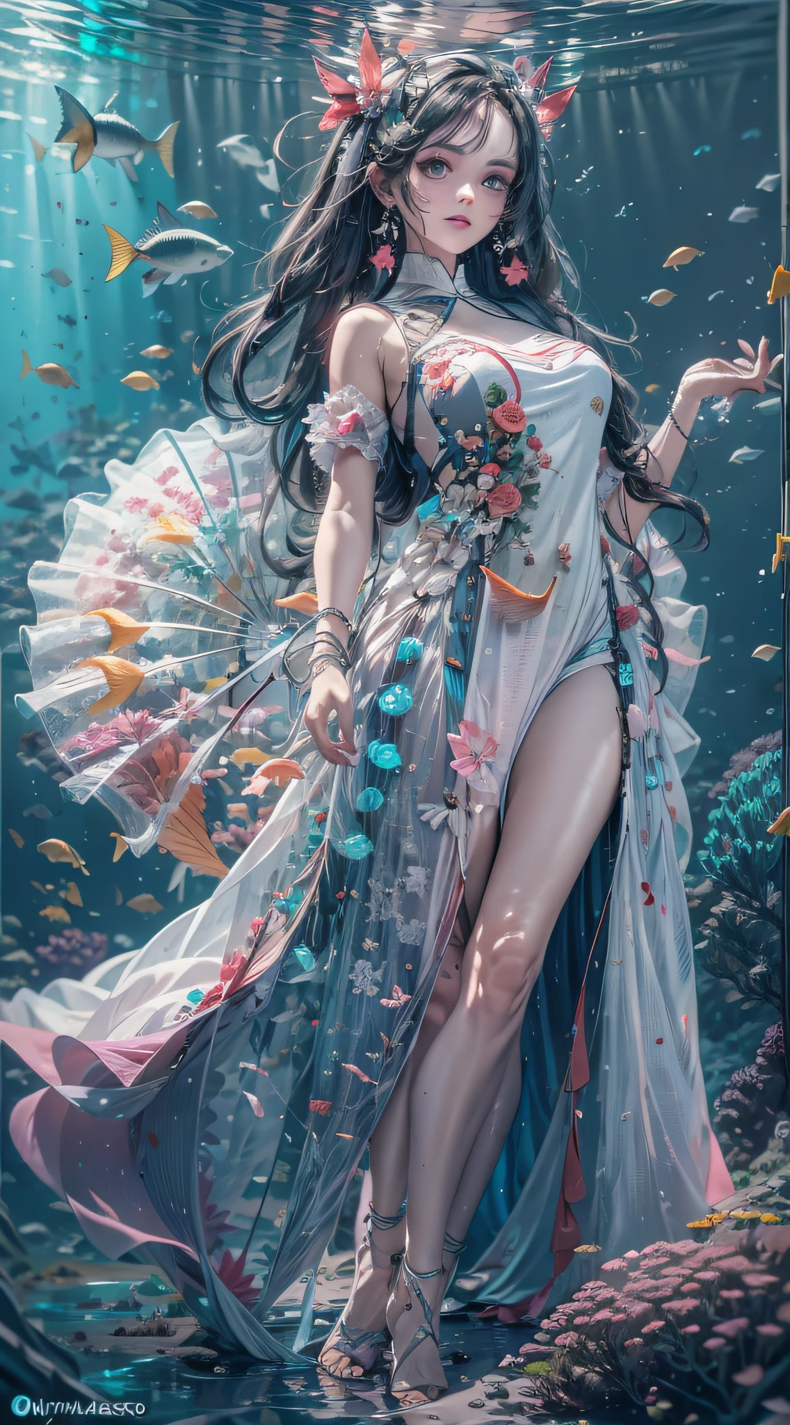 1girll,usando un vestido，Fancy dresses，Vestido complejo，dynamicposes，En el misterioso espacio submarino，Amazing aquatic creatures，con luz brillante，

absurdos,  Unbelievable ridicule,  Ultra detallado, A high resolution, extremadamente detallado,

Mejor calidad，tmasterpiece，Artistically，imaginativo，Renderizado C4D,