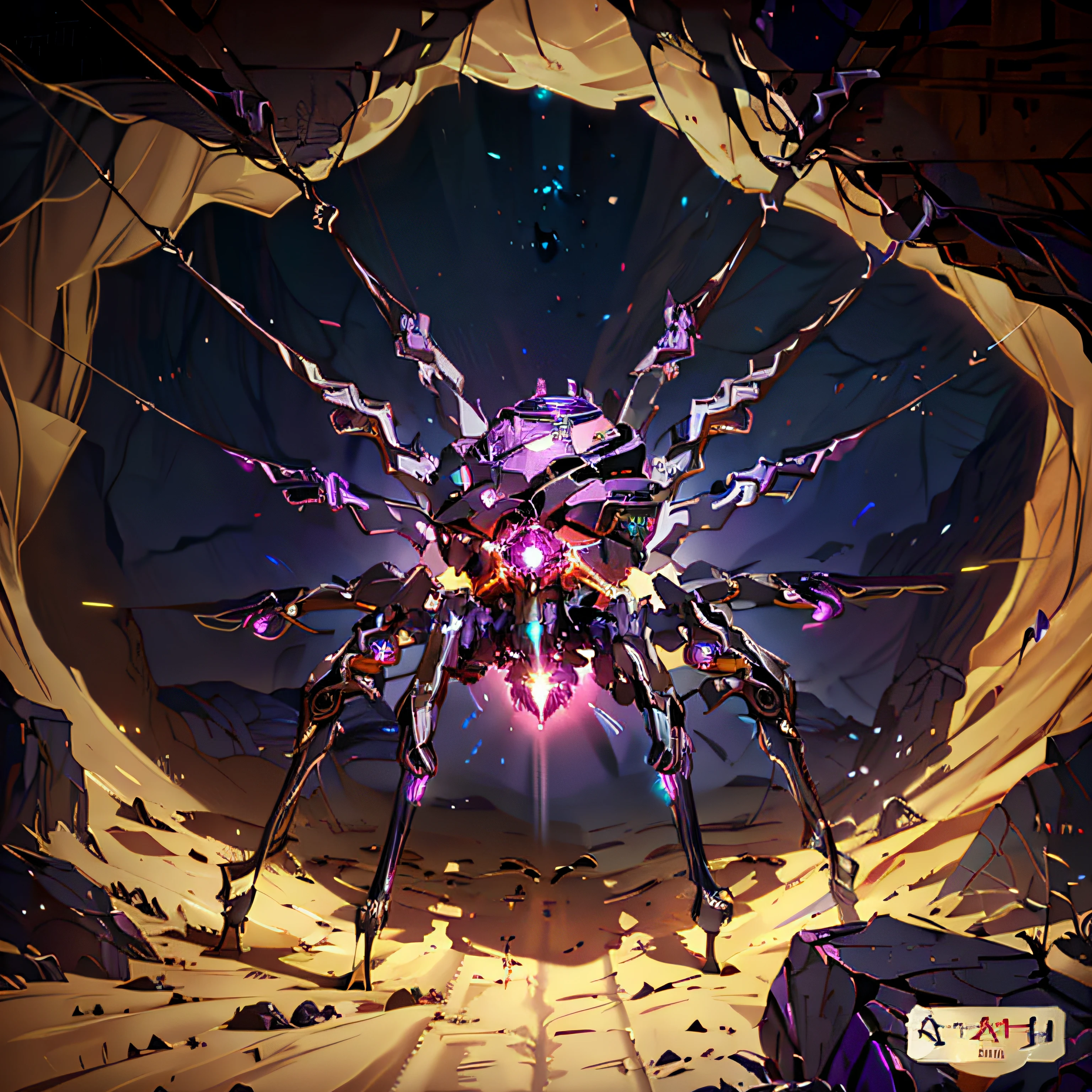 There is a spider that is standing in a cave, purple glowing core in armor, space insect android, arte conceitual raytrace, arte conceitual oficial, rsrs, arte detalhada do jogo, amazing space creature 4 k, symmetric concept art, arte conceitual estilizada, mobile game art, insectoid, fuchsia skin beneath the armor, 8k hd wallpaperjpeg artefato